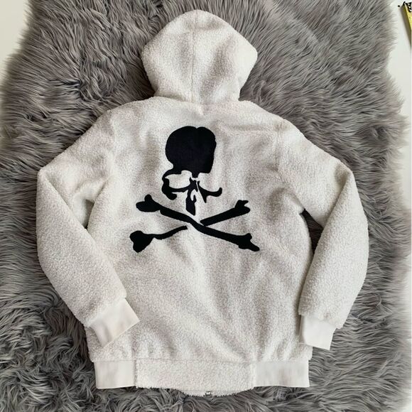 Men’s Hoodie Jacket Large white Sherpa pockets Back Big Skull in Black Unknown - Picture 2 of 12